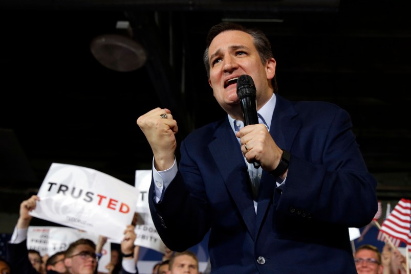 Republican presidential candidate Sen. Ted Cruz, R-Texas, speaks during a rally at the Hoosier Gym in Knightstown, Ind., Tuesday, April 26, 2016. (AP Photo/Michael Conroy)