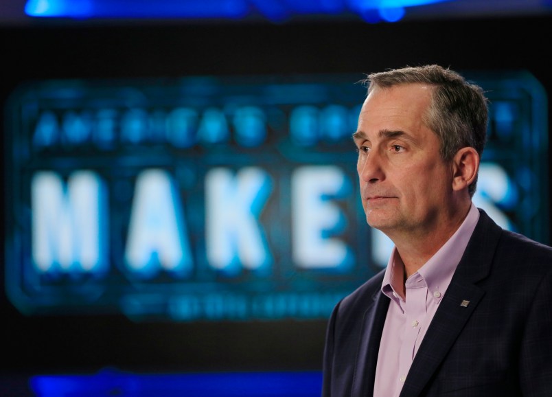 In this Tuesday, March 1, 2016, photo, Intel CEO Brian Krzanich appears on set of "America's Greatest Makers," a new reality TV challenge where teams of makers invent game-changing technology all for a chance at a $1 million prize at the Saticoy Studios in the Van Nuys neighborhood of Los Angeles. Krzanich believes the market for connected devices will grow immensely, from the roughly 6 billion smartphones today to some 50 billion smart devices by the end of the decade. The show, he hopes, will help his company's bottom line and electrify the entrepreneurial spirit of technology buffs. (AP Photo/Damian Dovarganes)