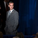 Corey Lewandowski, campaign manager for Republican presidential candidate Donald Trump, waits before the start of a foreign policy speech at the Mayflower Hotel in Washington, Wednesday, April 27, 2016. Trump's highly anticipated foreign policy speech Wednesday will test whether the Republican presidential front-runner, known for his raucous rallies and eyebrow-raising statements, can present a more presidential persona as he works to unite the GOP establishment behind him. (AP Photo/Evan Vucci)