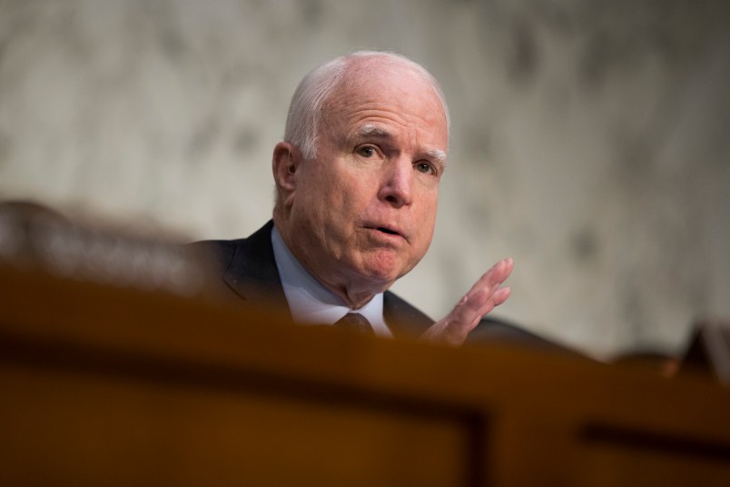 Senate Armed Services Committee Chairman Sen. John McCain, R-Ariz. speaks on Capitol Hill in Washington, Thursday, April 28, 2016, during the committee's hearing on the Islamic State group. McCain is calling the U.S. response to the extremists reactive, slow, and insufficient. (AP Photo/Evan Vucci)