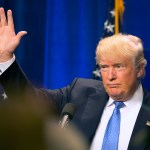 Republican presidential candidate Donald Trump waves to supporters after giving a speach at Saint Anselm College Monday, June 13, 2016, in Manchester, N.H. (AP Photo/Jim Cole)