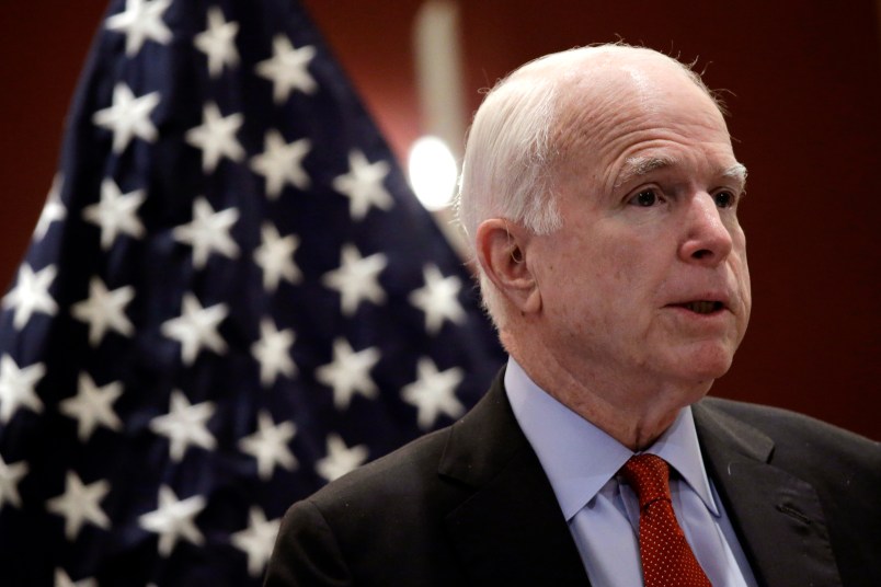 Sen. John McCain, R-Ariz delivers his speech titled “America’s Enduring Commitment to Security and Prosperity in Asia” at the S. Rajaratnam School of International Studies (RSIS) Distinguished Public Lecture on Friday, June 3, 2016 in Singapore. (AP Photo/Wong Maye-E)