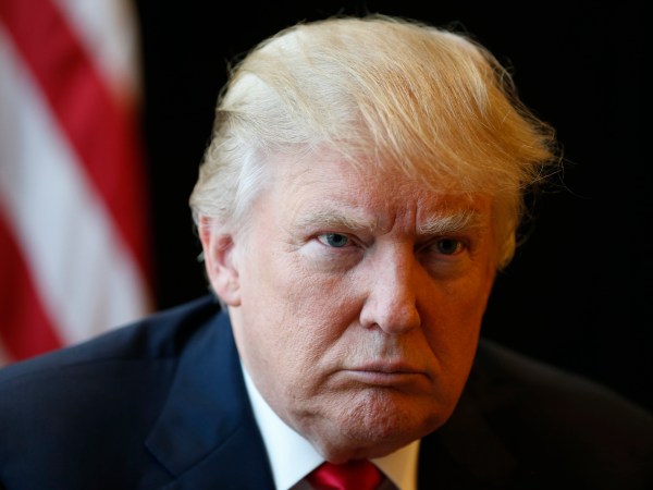 Republican Presidential candidate Donald Trump listens to a question during an interview after a rally in Virginia Beach, Va., Monday, July 11, 2016. (AP Photo/Steve Helber)