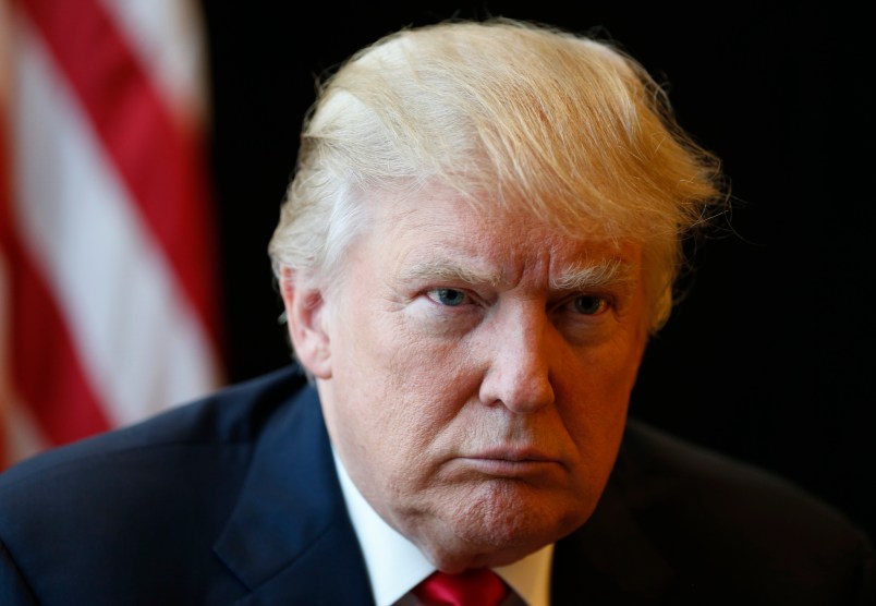 Republican Presidential candidate Donald Trump listens to a question during an interview after a rally in Virginia Beach, Va., Monday, July 11, 2016. (AP Photo/Steve Helber)