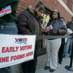 FILE - In this file photo taken Oct. 29, 2008, voters line up outside the Hamilton County Board of Elections for early voting in Cincinnati. U.S. District Judge Michael Watson ruled Tuesday, May 24, 2016, that a law trimming early voting in Ohio is unconstitutional, after the state's Democratic Party and other plaintiffs sued over Republican-backed changes to voting rules in the presidential battleground state. (AP Photo/Al Behrman, File)