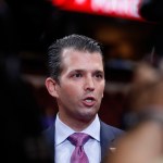 Donald Trump Jr., son of of Republican Presidential Candidate Donald Trump, talks to reporters after his sound check before the start of the second day session of the Republican National Convention in Cleveland, Tuesday, July 19, 2016. (AP Photo/Carolyn Kaster)
