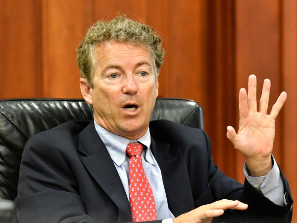 Senator Rand Paul, R-Ky., speaks to the board of the Kentucky Farm Bureau during the candidates forum at the Kentucky Farm Bureau headquarters, Thursday, Aug. 25, 2016 in Louisville Ky. (AP Photo/Timothy D. Easley)