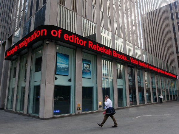 Friday, July 15, 2011 in New York.  Rupert Murdoch accepted the resignation of The Wall Street Journal's publisher and the chief of his British operations on Friday as the once-defiant media mogul struggled to control an escalating phone hacking scandal with apologies to the public and the family of a murdered schoolgirl. The controversy claimed its first victim in the United States as Les Hinton, chief executive of the Murdoch-owned Dow Jones & Co. and publisher of the Wall Street Journal, announced he was resigning, effective immediately. (AP Photo/Mary Altaffer)
