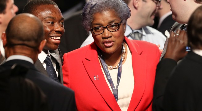 Democratic party chairperson Donna Brazile talks with audience members before the debate between Republican vice-presidential nominee Gov. Mike Pence and Democratic vice-presidential nominee Sen. Tim Kaine at Longwood University in Farmville, Va., Tuesday, Oct. 4, 2016. (Joe Raedle/Pool via AP)