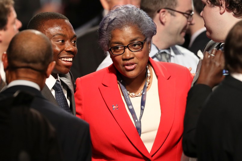 Democratic party chairperson Donna Brazile talks with audience members before the debate between Republican vice-presidential nominee Gov. Mike Pence and Democratic vice-presidential nominee Sen. Tim Kaine at Longwood University in Farmville, Va., Tuesday, Oct. 4, 2016. (Joe Raedle/Pool via AP)