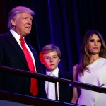 President-elect Donald Trump, left, arrives to speak at an election night rally, Wednesday, Nov. 9, 2016, in New York. From left, Trump, his son Barron, wife Melania, Jared Kushner, and Ivanka Trump. (AP Photo/ Evan Vucci)