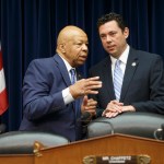 Rep. Jason Chaffetz, R-Utah, chairman of the House Oversight and Government Reform Committee, right, confers with Rep. Elijah Cummings, D-Md., the ranking member, left, just before the start of a hearing with FBI Director James Comey who was called to explain the agency's recommendation to not prosecute Hillary Clinton, now the Democratic presidential candidate, over her private email setup, on Capitol Hill in Washington, Thursday, July 7, 2016. (AP Photo/J. Scott Applewhite)