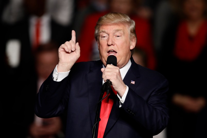 President-elect Donald Trump speaks during a rally at the Giant Center, Thursday, Dec. 15, 2016, in Hershey, Pa. (AP Photo/Matt Rourke)