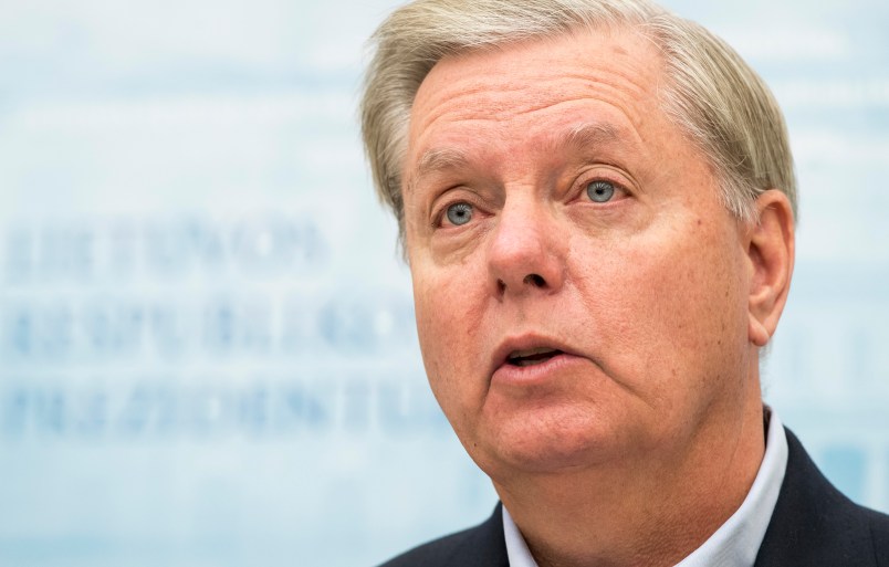 U.S. Senator Lindsey Graham, R-S.C., speaks during a news conference following a meeting with Lithuania's President Dalia Grybauskaite at the Presidential Palace in Vilnius, Lithuania, Thursday, Dec. 29, 2016. McCain is a part of the U.S. Senate delegation including fellow Republican Sen. Lindsey Graham and Democrat Sen. Amy Klobuchar that is visiting the Baltic region for talks with local political leaders. (AP Photo/Mindaugas Kulbis)