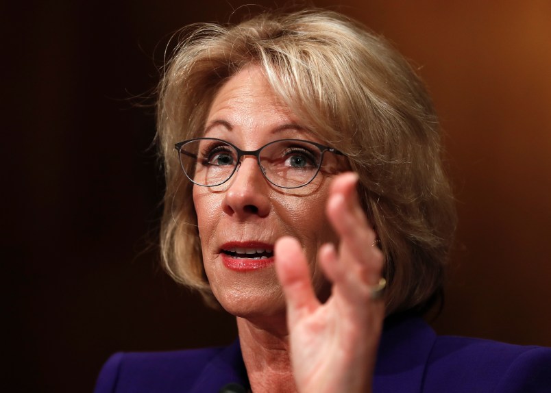 Education Secretary-designate Betsy DeVos testifies on Capitol Hill in Washington, Tuesday, Jan. 17, 2017, at her confirmation hearing before the Senate Health, Education, Labor and Pensions Committee. (AP Photo/Carolyn Kaster)