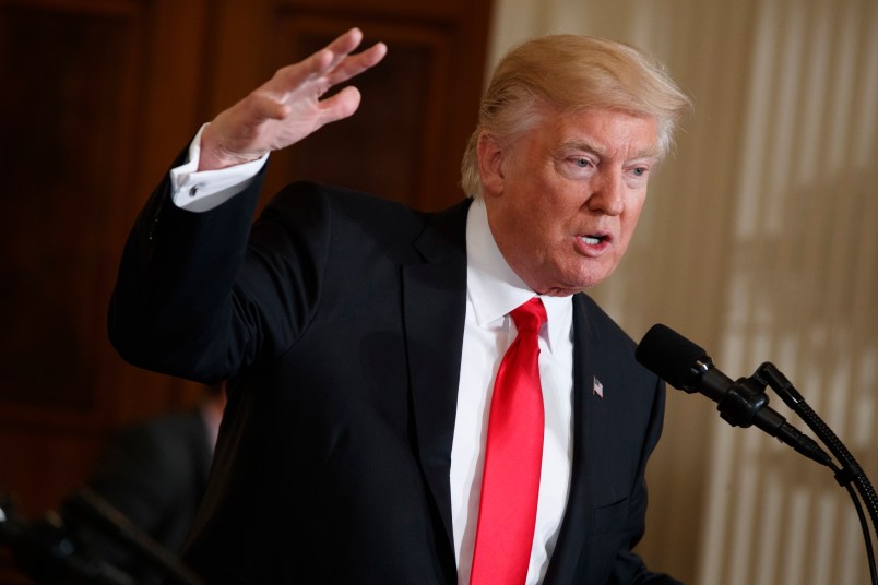 President Donald Trump speaks during a news conference with British Prime Minister Theresa May in the East Room of the White House, Friday, Jan. 27, 2017, in Washington. (AP Photo/Evan Vucci)