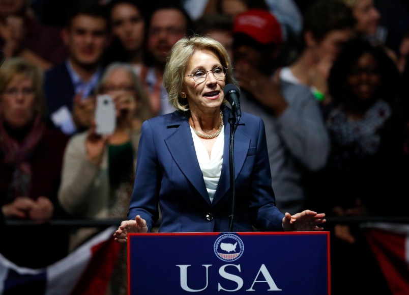 Betsy DeVos, selected for Education Secretary by President-elect Donald Trump speaks during a rally, in Grand Rapids, Mich., Friday, Dec. 9, 2016. (AP Photo/Paul Sancya)