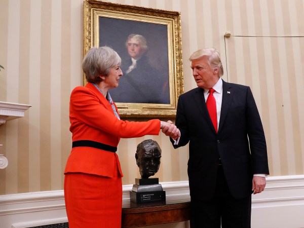 President Donald Trump greets and British Prime Minister Theresa May in the Oval Office of the White House in Washington, Friday, Jan. 27, 2017. (AP Photo/Pablo Martinez Monsivais)