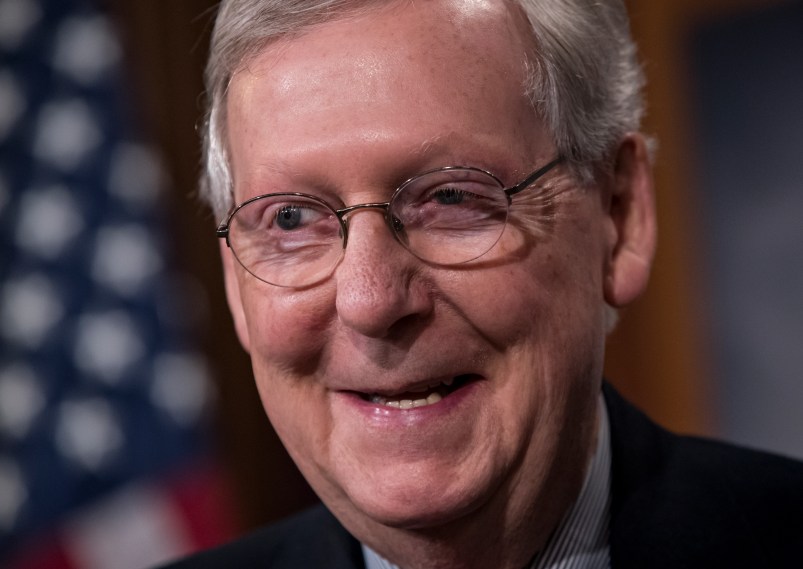 Senate Majority Leader Mitch McConnell, R-Ky., speaks to reporters as Republicans prepare to use their majority to confirm President Donald Trump's nominee to lead the Environmental Protection Agency, despite calls from Democrats to delay until requested emails are released, at the Capitol in Washington, Friday, Feb. 17, 2017. (AP Photo/J. Scott Applewhite)