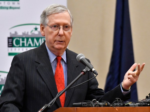 Senate Majority Leader Mitch McConnell R-Ky., speaks to a gathering of the Jeffersontown County Chamber of Commerce luncheon, Wednesday, Feb. 22, 2017, in Jeffersontown, Ky. (AP Photo/Timothy D. Easley)