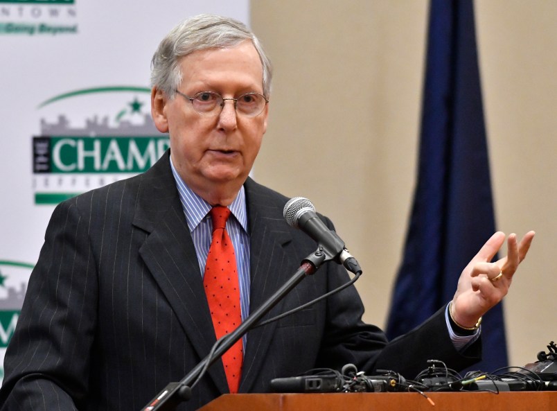 Senate Majority Leader Mitch McConnell R-Ky., speaks to a gathering of the Jeffersontown County Chamber of Commerce luncheon, Wednesday, Feb. 22, 2017, in Jeffersontown, Ky. (AP Photo/Timothy D. Easley)