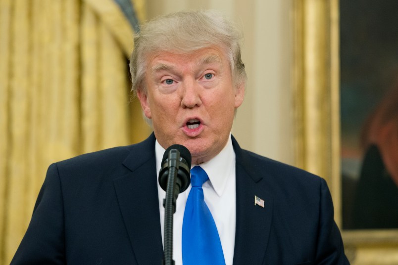 US President Donald J. Trump speaks before Rex Tillerson (not pictured) was sworn-in as US Secretary of State in the Oval Office of the White House in Washington, DC, USA, 01 February 2017. Tillerson was confirmed by the Senate, 01 February, in a 56-to-43 vote to become the nation's 69th Secretary of State. Credit: Michael Reynolds / Pool via CNP - NO'WIRE'SERVICE - Photo by: Michael Reynolds/picture-alliance/dpa/AP Images
