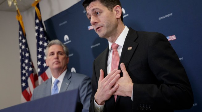 Speaker of the House Paul Ryan, R-Wis., joined from left by, Majority Leader Kevin McCarthy, R-Calif., talks about getting past last week’s failure to pass a health care overhaul bill and rebuilding unity in the Republican Conference, at the Capitol,  in Washington, Tuesday, March 28, 2017.  (AP Photo/J. Scott Applewhite)