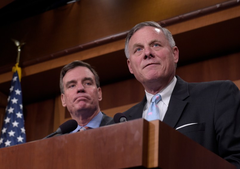 Senate Select Committee on Intelligence Chairman Sen. Richard Burr, R-N.C., and Vice Chairman Sen. Mark Warner, D-Va., speak during a news conference on Capitol Hill in Washington, Wednesday, March 29, 2017, on the Committee's investigation of Russian interference in the 2016 election. (AP Photo/Susan Walsh)