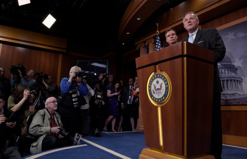 Senate Select Committee on Intelligence Chairman Sen. Richard Burr, R-N.C., and Vice Chairman Sen. Mark Warner, D-Va., speak during a news conference on Capitol Hill in Washington, Wednesday, March 29, 2017, on the Committee's investigation of Russian interference in the 2016 election. (AP Photo/Susan Walsh)