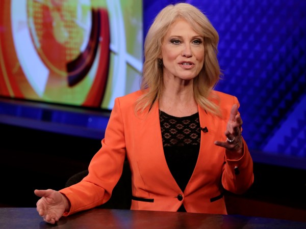 Counselor to the President Kellyanne Conway is interviewed by Howard Kurtz during a taping of his "MediaBuzz" program on the Fox News Channel, in New York Friday, March 10, 2017. (AP Photo/Richard Drew)