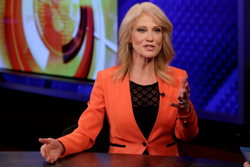 Counselor to the President Kellyanne Conway is interviewed by Howard Kurtz during a taping of his "MediaBuzz" program on the Fox News Channel, in New York Friday, March 10, 2017. (AP Photo/Richard Drew)