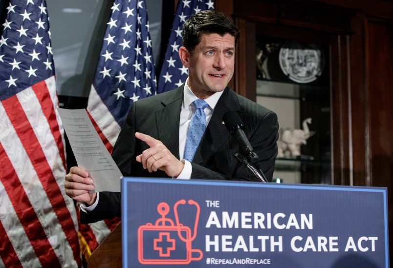 Speaker of the House Paul Ryan, R-Wis., faces reporters as the GOP works on its long-awaited plan to repeal and replace the Affordable Care Act, during a news conference at Republican National Committee Headquarters on Capitol Hill in Washington, Wednesday, March 8, 2017. (AP Photo/J. Scott Applewhite)


Speaker of the House Paul Ryan, R-Wis., 
Majority Leader Kevin McCarthy, R-Calif.,
Majority Whip Steve Scalise, R-La., 
Rep. Cathy McMorris Rodgers, R-Wash., chair of the Republican Conference,