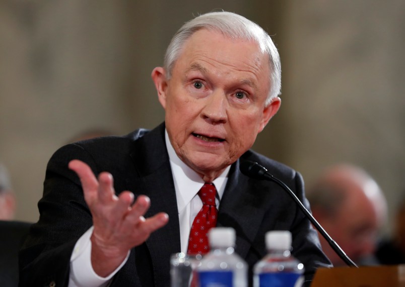 Attorney General-designate, Sen. Jeff Sessions, R-Ala., testifies on Capitol Hill, Tuesday, Jan. 10, 2017 in Washington, before the Senate Judiciary Committee's confirmation hearing. (AP Photo/Alex Brandon)