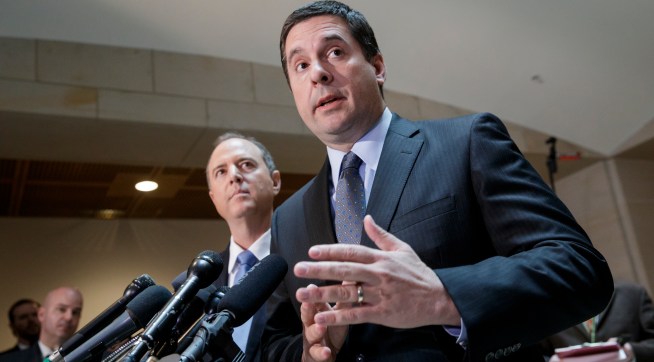 Chairman of the House Permanent Select Committee on Intelligence Devin Nunes, R-Calif., joined at left by Rep. Adam Schiff, D-Calif., the ranking member talk to reporters about their investigation Russian influence on the American presidential election, on Capitol Hill in Washington, Wednesday, March, 15, 2017.  Both lawmakers said thy have no evidence to back up President Trump's claim that former President Barack Obama wiretapped Trump Plaza during the 2016 campaign.  (AP Photo/J. Scott Applewhite)