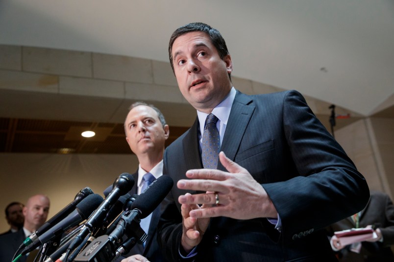 Chairman of the House Permanent Select Committee on Intelligence Devin Nunes, R-Calif., joined at left by Rep. Adam Schiff, D-Calif., the ranking member talk to reporters about their investigation Russian influence on the American presidential election, on Capitol Hill in Washington, Wednesday, March, 15, 2017.  Both lawmakers said thy have no evidence to back up President Trump's claim that former President Barack Obama wiretapped Trump Plaza during the 2016 campaign.  (AP Photo/J. Scott Applewhite)