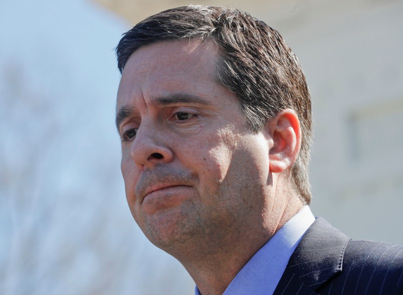 House Intelligence Committee Chairman Rep. Devin Nunes, R-Calif, pauses while speaking with reporters after a meeting with President Donald Trump at the White House in Washington, Wednesday, March 22, 2017. (AP Photo/Pablo Martinez Monsivais)