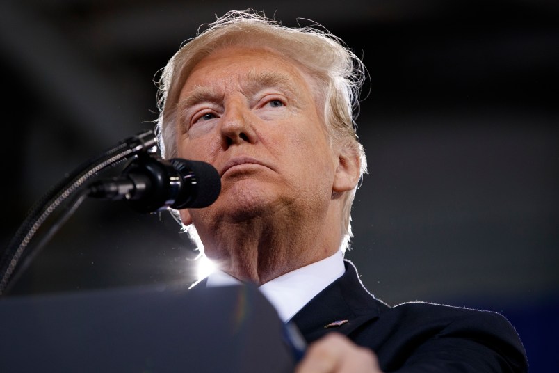 President Donald Trump delivers remarks at the American Center of Mobility, Wednesday, March 15, 2017, in Ypsilanti Township, Mich. (AP Photo/Evan Vucci)