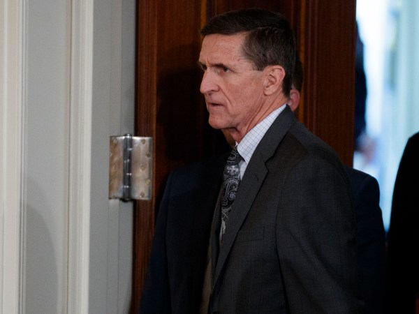 Former National Security Adviser Mike Flynn arrives for a news conference in the East Room of the White House, Monday, Feb. 13, 2017, in Washington. (AP Photo/Evan Vucci)