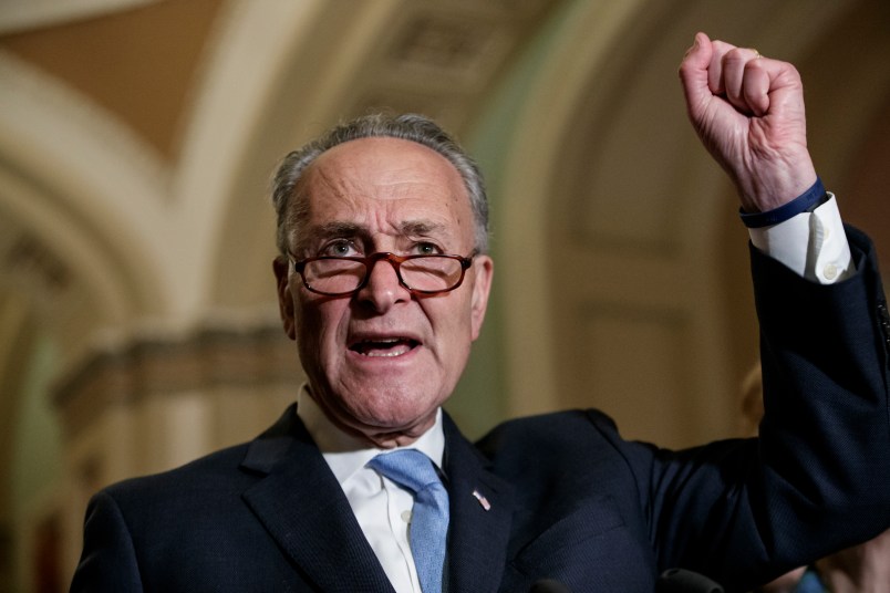 Senate Minority Leader Chuck Schumer, D-N.Y., meets with reporters on Capitol Hill before President Donald Trump's speech to the nation, in Washington, Tuesday, Feb. 28, 2017. Referring to Trump, Schumer said it was amazing in a month how incompetent this administration has been. (AP Photo/J. Scott Applewhite)