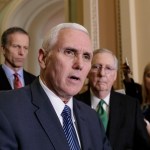 Vice President Mike Pence joins the Senate GOP leadership, Sen. John Thune, R-S.D., left, and Senate Majority Leader Mitch McConnell, R-Ky., right, as Republicans introduce their plan to repeal and replace the Affordable Care Act, President Barack Obama’s signature health care law, on Capitol Hill in Washington, Tuesday, March 7, 2017. (AP Photo/J. Scott Applewhite)