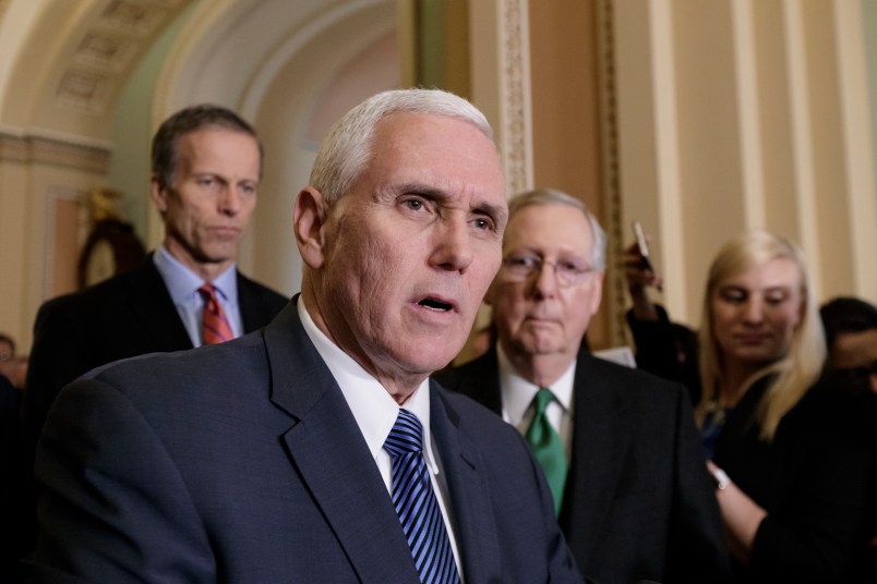 Vice President Mike Pence joins the Senate GOP leadership, Sen. John Thune, R-S.D., left, and Senate Majority Leader Mitch McConnell, R-Ky., right, as Republicans introduce their plan to repeal and replace the Affordable Care Act, President Barack Obama’s signature health care law, on Capitol Hill in Washington, Tuesday, March 7, 2017. (AP Photo/J. Scott Applewhite)