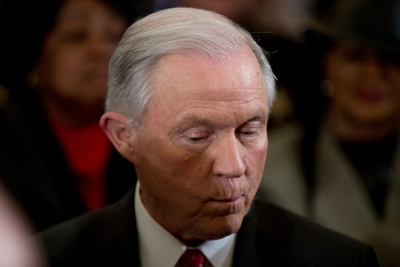 Attorney General-designate, Sen. Jeff Sessions, R-Ala. arrives on Capitol Hill in Washington, Tuesday, Jan. 10, 2017, before his Senate Judiciary Committee's confirmation hearing. (AP Photo/Andrew Harnik)