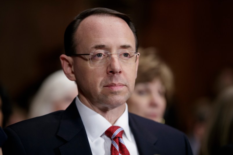 Longtime federal prosecutor Rod Rosenstein arrives at the Senate Judiciary Committee for his confirmation hearing to be deputy attorney, on Capitol Hill in Washington, Tuesday, March 7, 2017. (AP Photo/J. Scott Applewhite)