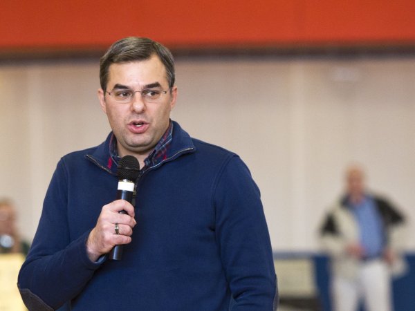U.S Rep. Justin Amash, R-Cascade Township, speaks to the audience during a town hall meeting on Feb. 23, 2017 at the Full Blast Recreation Center in Battle Creek, Mich. (Carly Geraci | MLive.com)