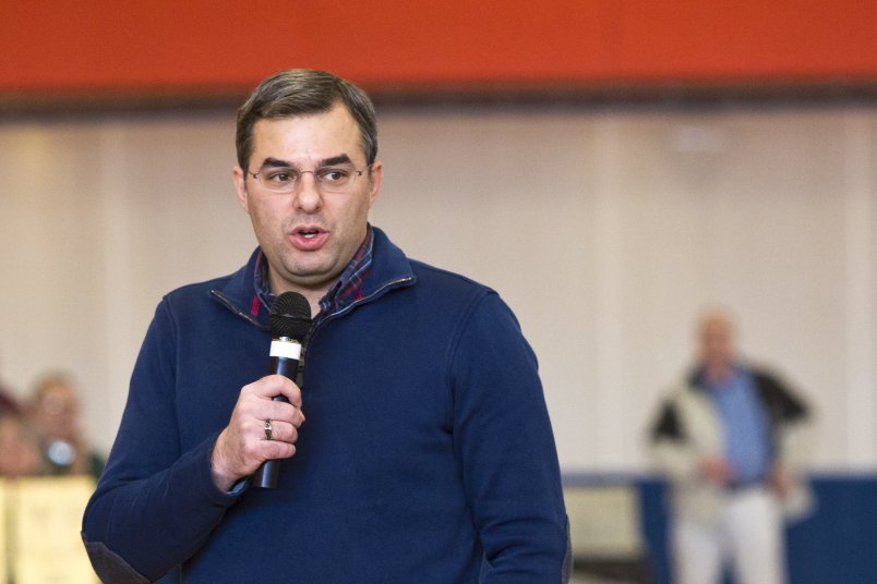 U.S Rep. Justin Amash, R-Cascade Township, speaks to the audience during a town hall meeting on Feb. 23, 2017 at the Full Blast Recreation Center in Battle Creek, Mich. (Carly Geraci | MLive.com)