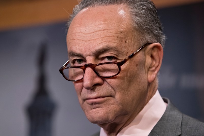 Senate Minority Leader Chuck Schumer, D-N.Y., pauses as he joins fellow Democrats in announcing their request of the Republican majority to delay the confirmation vote on President Donald Trump's controversial nominee to lead the Environmental Protection Agency, Scott Pruitt, until the nominee turns over the thousands of requested emails from his time as attorney general of Oklahoma, at the Capitol in Washington, Friday, Feb. 17, 2017. (AP Photo/J. Scott Applewhite)