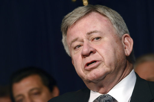 In this April 21, 2014 photo, Bolingbrook Mayor Roger Claar speaks at the State of Illinois building In Chicago. Claar who has been mayor of Bolingbrook for 31 years is facing the fight of his career after he angered some residents by hosting a September fundraiser for Donald Trump. His rival, Democrat Jackie Traynere, is getting support from Democratic Sen. Dick Durbin and Our Revolution, an offshoot of Bernie Sanders’ campaign. (Brian Jackson/Sun Times via AP)