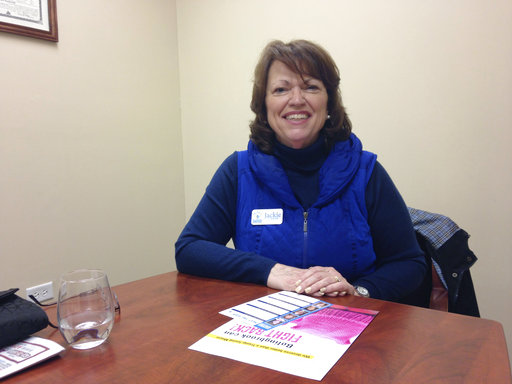 In this March 30, 2017 photo, Jackie Traynere, Democratic candidate for Bolingbrook mayor posses in her office in Bolingbrook, Ill. The current mayor Republican Roger Claar is facing the fight of his career after he angered some residents by hosting a September fundraiser for Donald Trump. Claar has been mayor of Bolingbrook for 31 years. His rival, Democrat Jackie Traynere, is getting support from Democratic Sen. Dick Durbin and Our Revolution, an offshoot of Bernie Sanders’ campaign. (AP Photo by Sara Burnett)