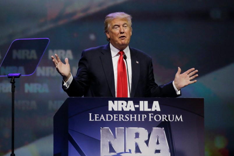 Republican presidential candidate Donald Trump speaks at the National Rifle Association convention Friday, May 20, 2016, in Louisville, Ky. (AP Photo/Mark Humphrey)