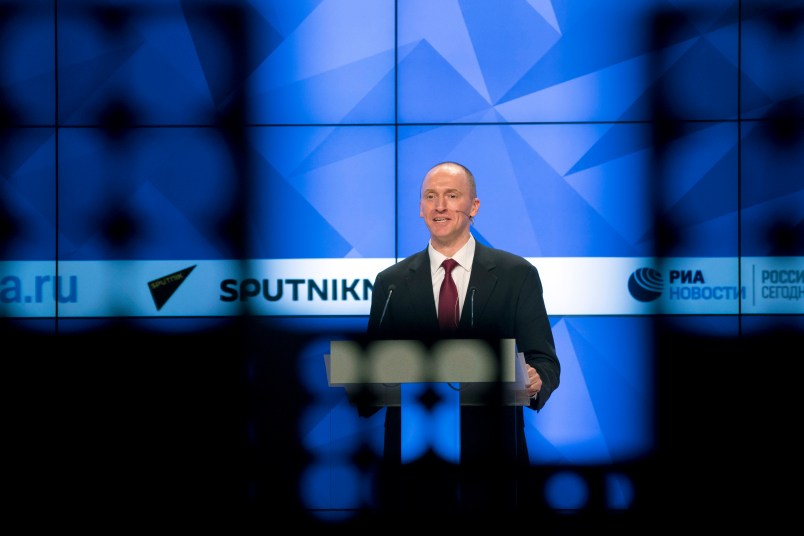 Carter Page, a former foreign policy adviser of U.S. President-elect Donald Trump, speaks at a news conference at RIA Novosti news agency in Moscow, Russia, Monday, Dec. 12, 2016. Page said he was in Moscow on a visit to meet with businessmen and politicians. (AP Photo/Pavel Golovkin)